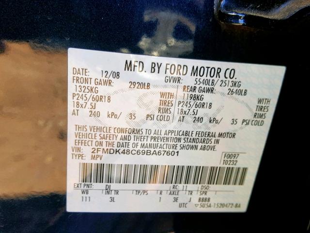 2FMDK48C69BA67601 - 2009 FORD EDGE SEL BLUE photo 10