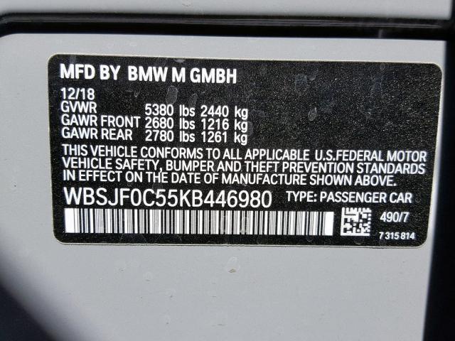 WBSJF0C55KB446980 - 2019 BMW M5 GRAY photo 10