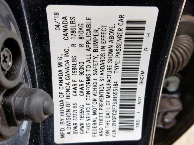 2HGFC2F73JH555184 - 2018 HONDA CIVIC EX CHARCOAL photo 10