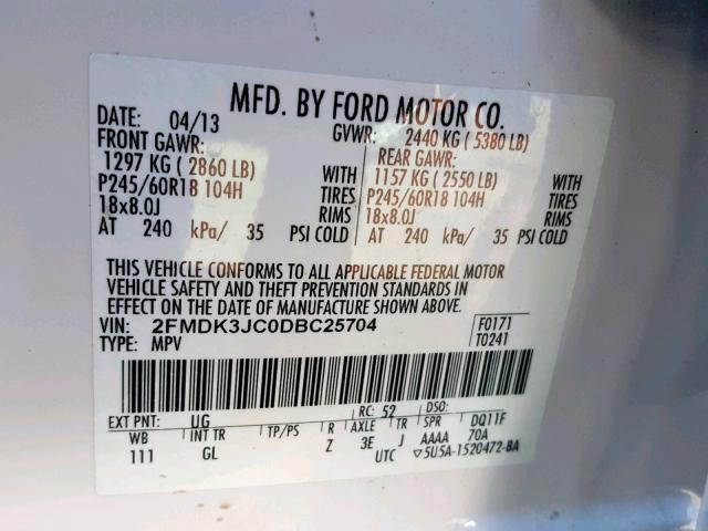 2FMDK3JC0DBC25704 - 2013 FORD EDGE SEL WHITE photo 10