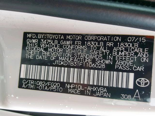 JTDKDTB31F1106028 - 2015 TOYOTA PRIUS C WHITE photo 10