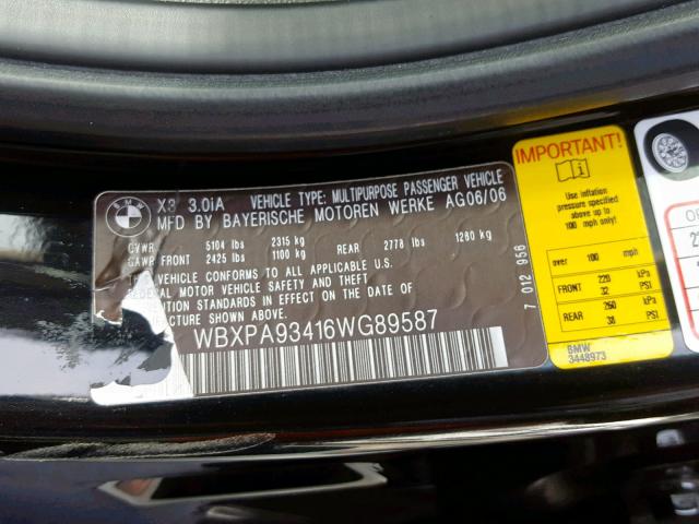 WBXPA93416WG89587 - 2006 BMW X3 3.0I BLACK photo 10