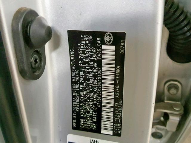 4T1BF3EK9BU191007 - 2011 TOYOTA CAMRY BASE SILVER photo 10