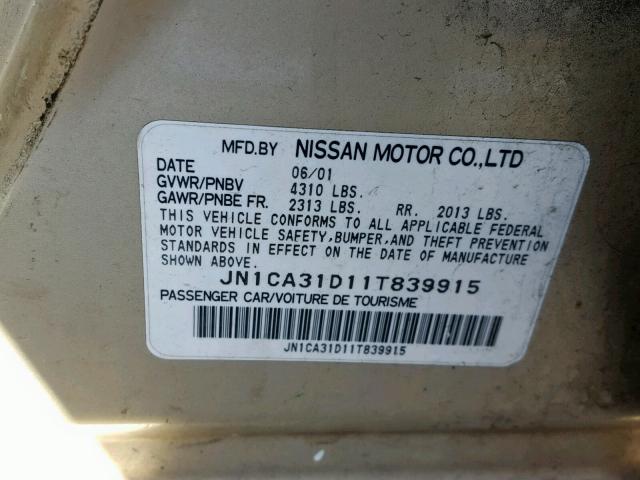 JN1CA31D11T839915 - 2001 NISSAN MAXIMA GXE GOLD photo 10