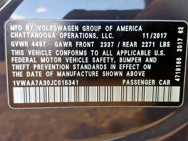 1VWAA7A30JC015341 - 2018 VOLKSWAGEN PASSAT S GRAY photo 10