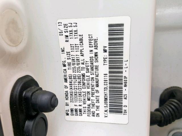 5J6RM3H77DL039116 - 2013 HONDA CR-V EXL WHITE photo 10