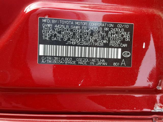 JTHBF5C28A5119838 - 2010 LEXUS IS 250 RED photo 10