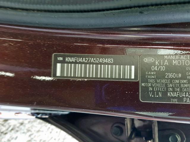 KNAFU4A27A5249483 - 2010 KIA FORTE EX BURGUNDY photo 10