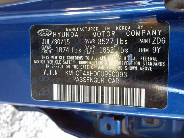 KMHCT4AE0GU990393 - 2016 HYUNDAI ACCENT SE BLUE photo 10