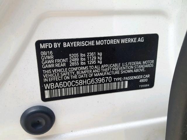 WBA6D0C58HG639670 - 2017 BMW 640 I WHITE photo 10