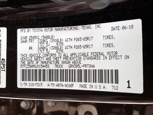 5TFCZ5AN9JX154452 - 2018 TOYOTA TACOMA DOUBLE CAB  照片 10