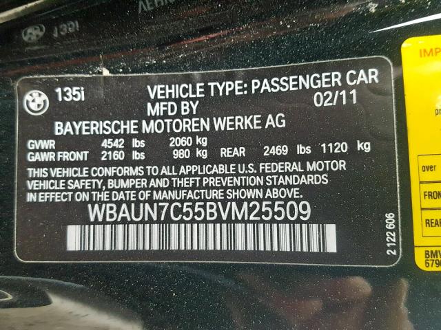 WBAUN7C55BVM25509 - 2011 BMW 135 I BLACK photo 10