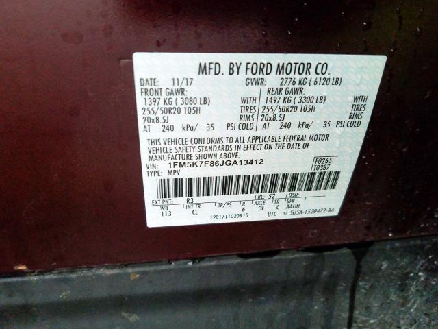 1FM5K7F86JGA13412 - 2018 FORD EXPLORER LIMITED  photo 10