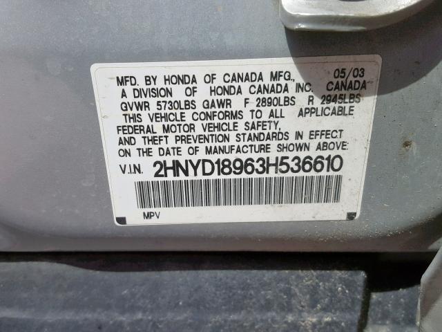 2HNYD18963H536610 - 2003 ACURA MDX TOURIN SILVER photo 10