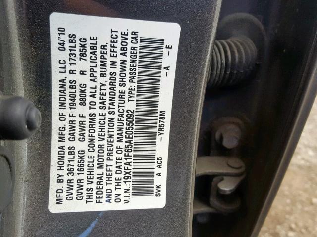 19XFA1F65AE055092 - 2010 HONDA CIVIC LX-S Grafit foto 10