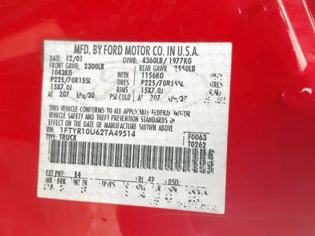 1FTYR10U62TA49514 - 2002 FORD RANGER RED photo 10
