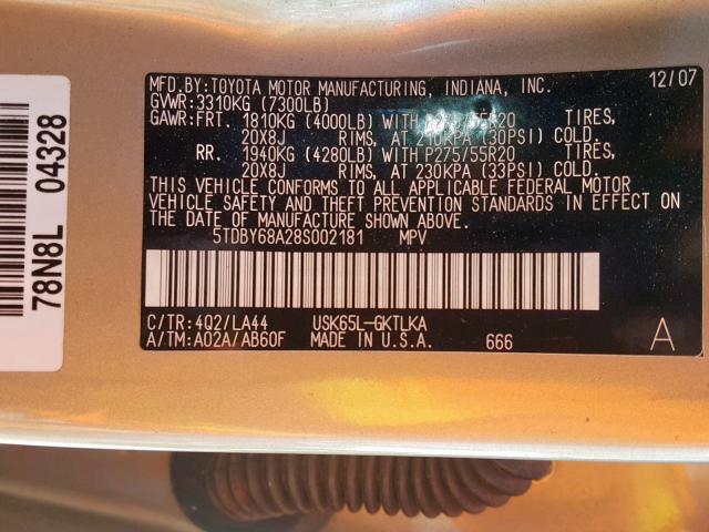 5TDBY68A28S002181 - 2008 TOYOTA SEQUOIA LI BEIGE photo 10