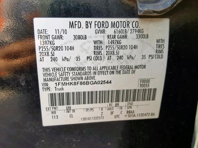 1FMHK8F86BGA02544 - 2011 FORD EXPLORER L BLACK photo 10