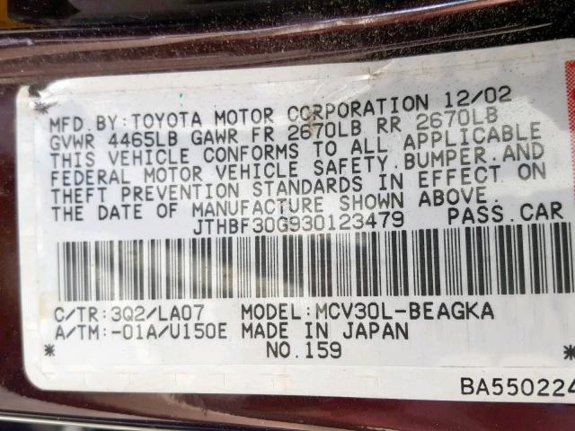 JTHBF30G930123479 - 2003 LEXUS ES 300 BROWN photo 10