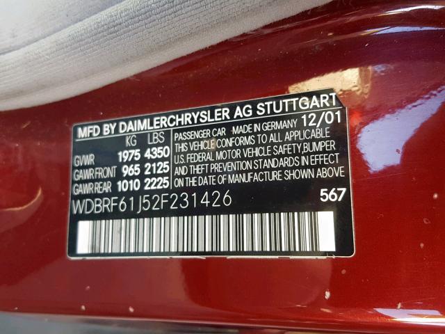 WDBRF61J52F231426 - 2002 MERCEDES-BENZ C 240 RED photo 10