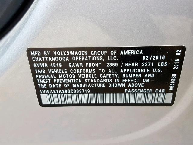 1VWAS7A36GC033719 - 2016 VOLKSWAGEN PASSAT S SILVER photo 10