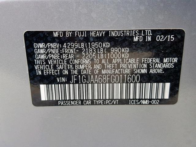 JF1GJAA68FG011600 - 2015 SUBARU IMPREZA SILVER photo 10