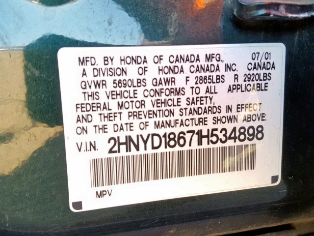 2HNYD18671H534898 - 2001 ACURA MDX TOURIN GREEN photo 10