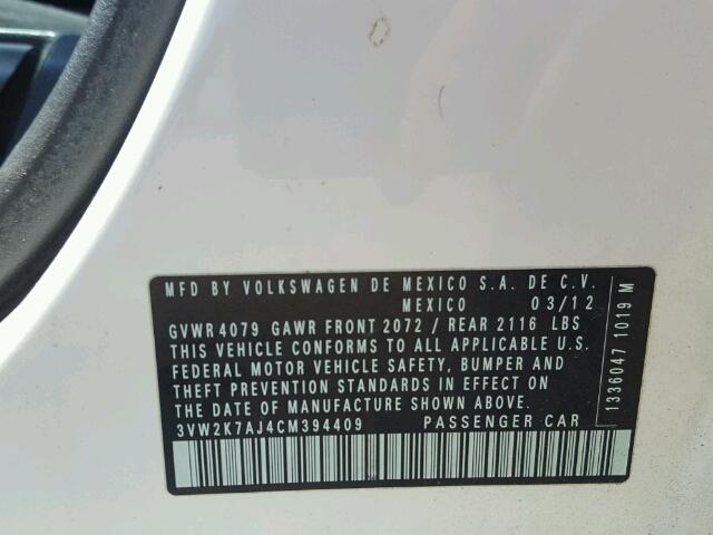3VW2K7AJ4CM394409 - 2012 VOLKSWAGEN JETTA BASE Սպիտակ լուսանկար 10