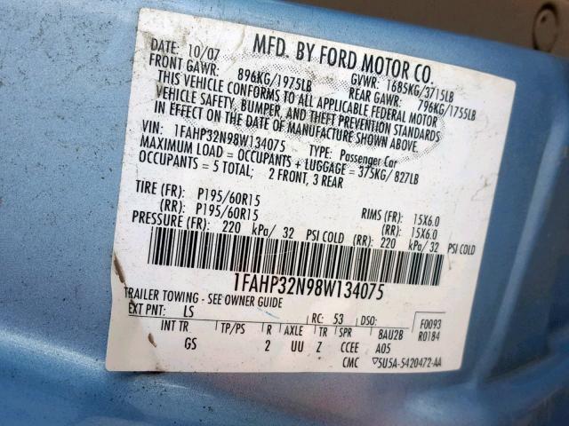 1FAHP32N98W134075 - 2008 FORD FOCUS S/SE BLUE photo 10