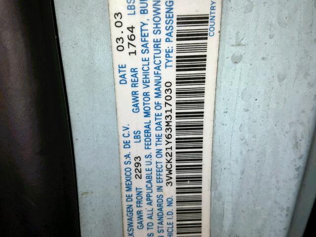 3VWCK21Y63M317030 - 2003 VOLKSWAGEN NEW BEETLE ლურჯი ფოტო 10