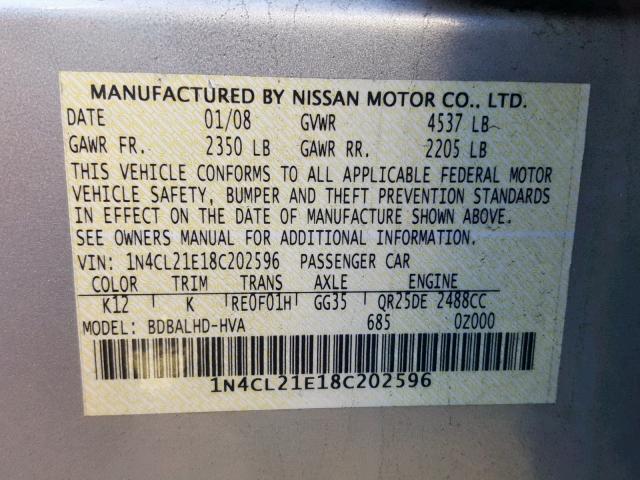 1N4CL21E18C202596 - 2008 NISSAN ALTIMA HYB SILVER photo 10