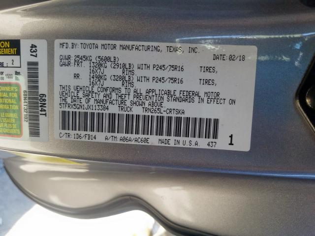 5TFRX5GN1JX113384 - 2018 TOYOTA TACOMA ACCESS CAB  ფოტო 10