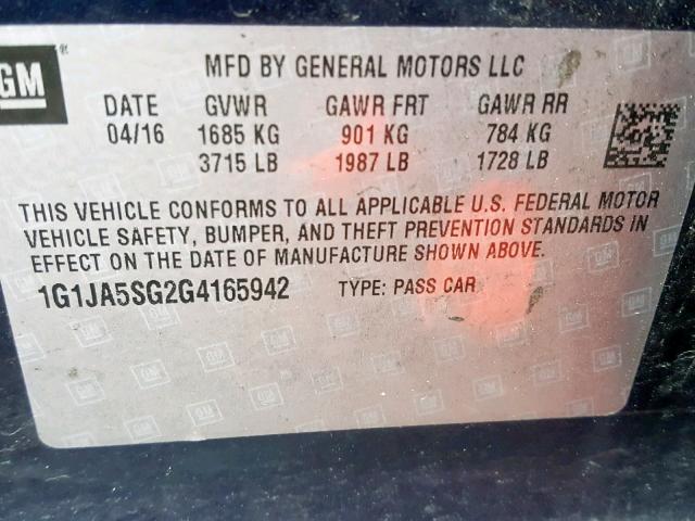 1G1JA5SG2G4165942 - 2016 CHEVROLET SONIC LS BLUE photo 10