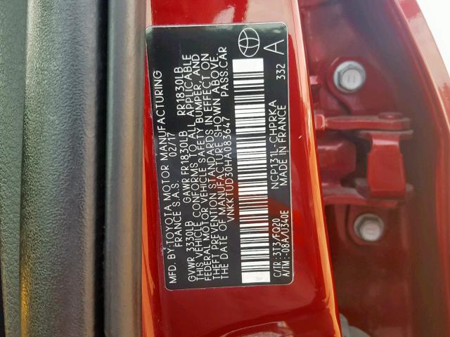 VNKKTUD30HA083647 - 2017 TOYOTA YARIS L RED photo 10