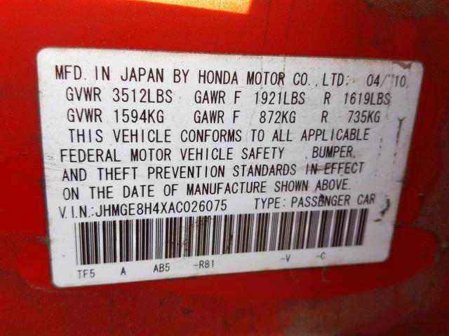 JHMGE8H4XAC026075 - 2010 HONDA FIT SPORT RED photo 10