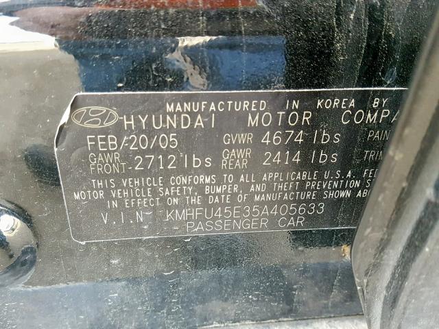 KMHFU45E35A405633 - 2005 HYUNDAI XG 350 BLACK photo 10