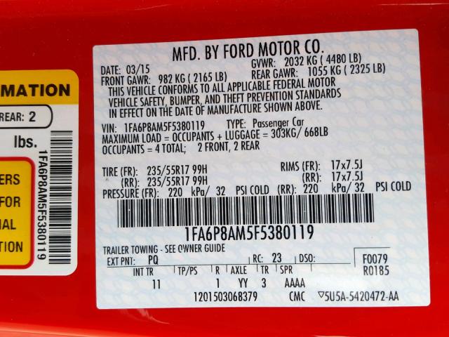 1FA6P8AM5F5380119 - 2015 FORD MUSTANG RED photo 10