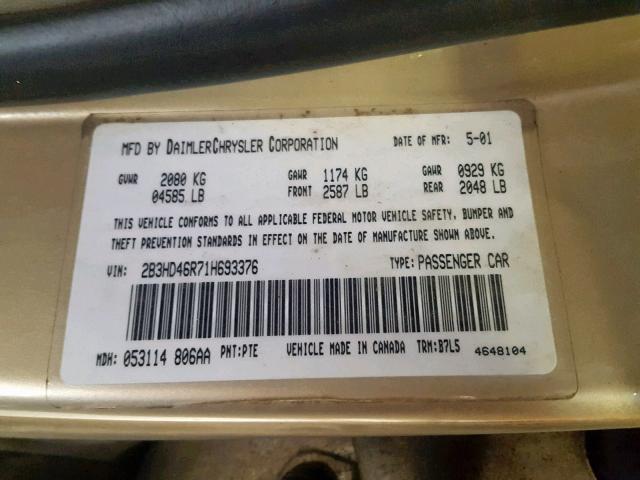2B3HD46R71H693376 - 2001 DODGE INTREPID S 金色 照片 10
