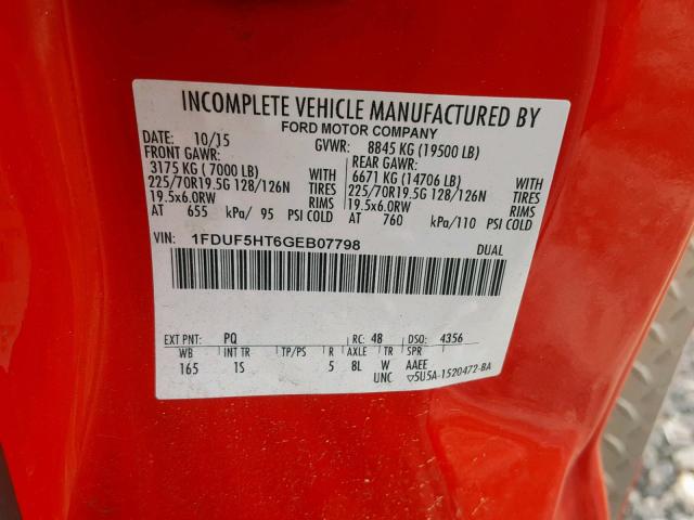 1FDUF5HT6GEB07798 - 2016 FORD F550 SUPER RED photo 10