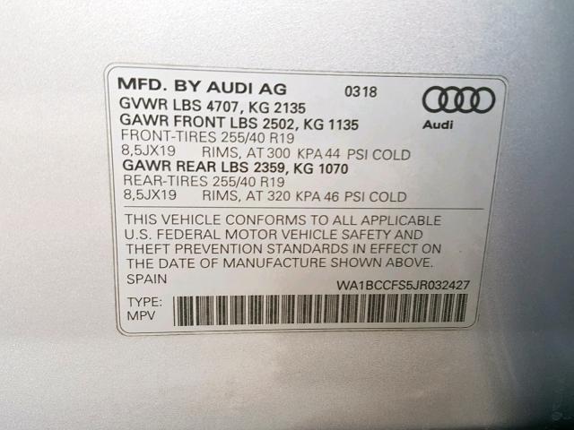 WA1BCCFS5JR032427 - 2018 AUDI Q3 PREMIUM SILVER photo 10