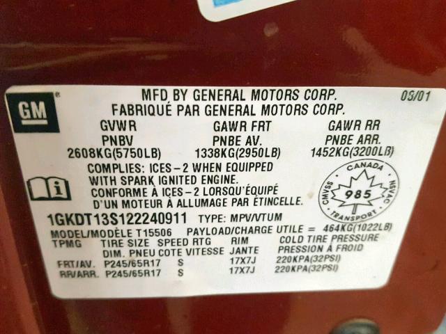 1GKDT13S122240911 - 2002 GMC ENVOY RED photo 10