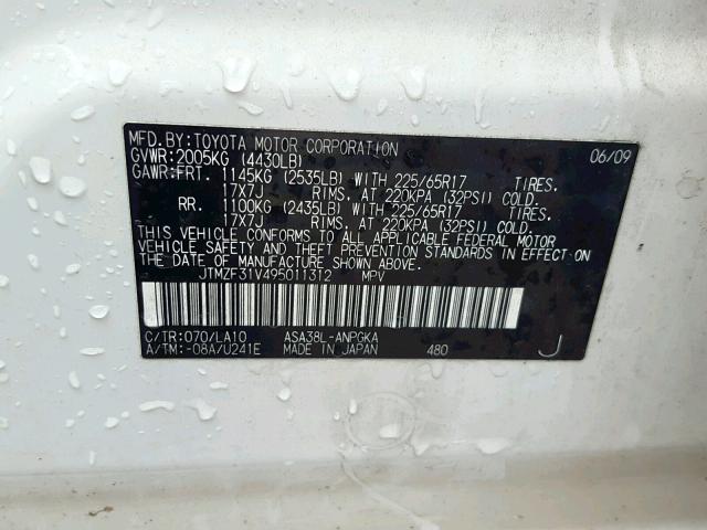 JTMZF31V495011312 - 2009 TOYOTA RAV4 LIMIT WHITE photo 10