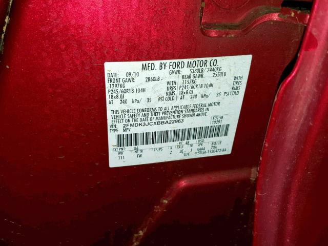 2FMDK3JCXBBA22963 - 2011 FORD EDGE SEL RED photo 10