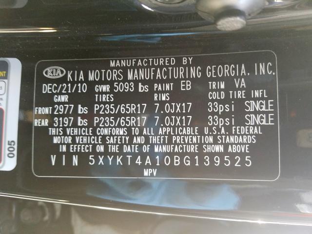 5XYKT4A10BG139525 - 2011 KIA SORENTO BASE  photo 10