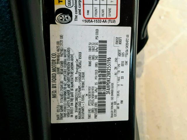 3FAHP0KC2BR255196 - 2011 FORD FUSION SPO BLACK photo 10