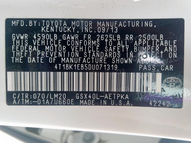 4T1BK1EB5DU071319 - 2013 TOYOTA AVALON BASE  照片 10