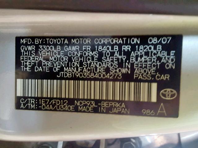 JTDBT903584004273 - 2008 TOYOTA YARIS SILVER photo 10