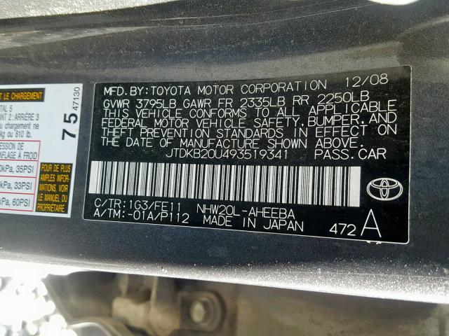 JTDKB20U493519341 - 2009 TOYOTA PRIUS GRAY photo 10