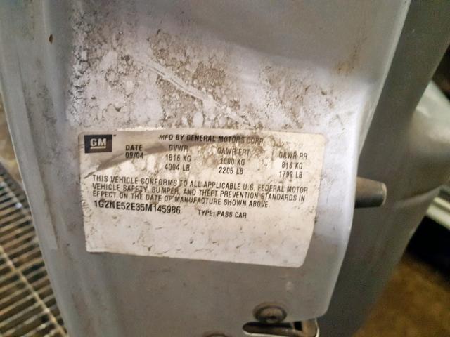 1G2NE52E35M145986 - 2005 PONTIAC GRAND AM S SILVER photo 10