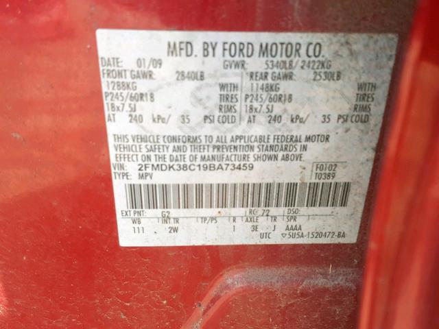 2FMDK38C19BA73459 - 2009 FORD EDGE SEL RED photo 10